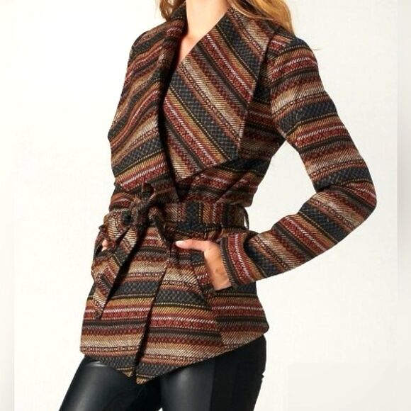 Jack by BB Dakota Aztec Twill Wool Blend Wrap Coat Black Rust Women’s Size Small - Picture 1 of 14